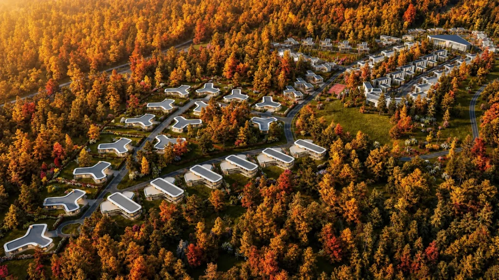 Aerial view of the gated forest village Burkit Togayy — masterplan by PrivateHouse