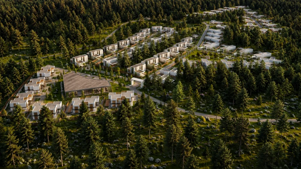 Aerial view of the gated forest village Burkit Togayy — masterplan by PrivateHouse
